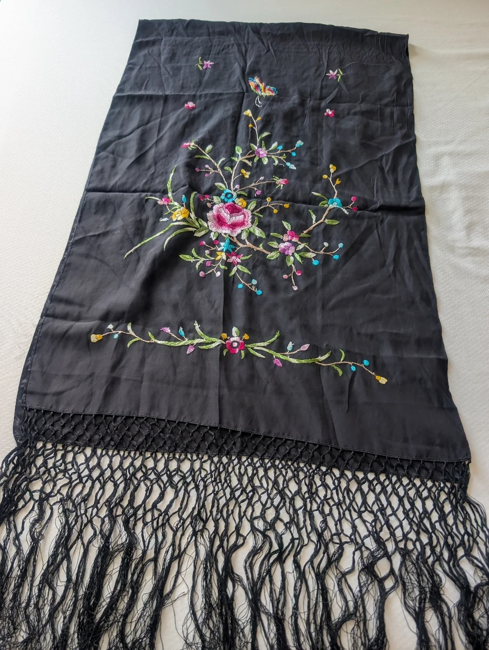 Embroidered Floral Scarf Shawl Black 100% Silk Tassel Women's Accessory - Picture 2 of 16